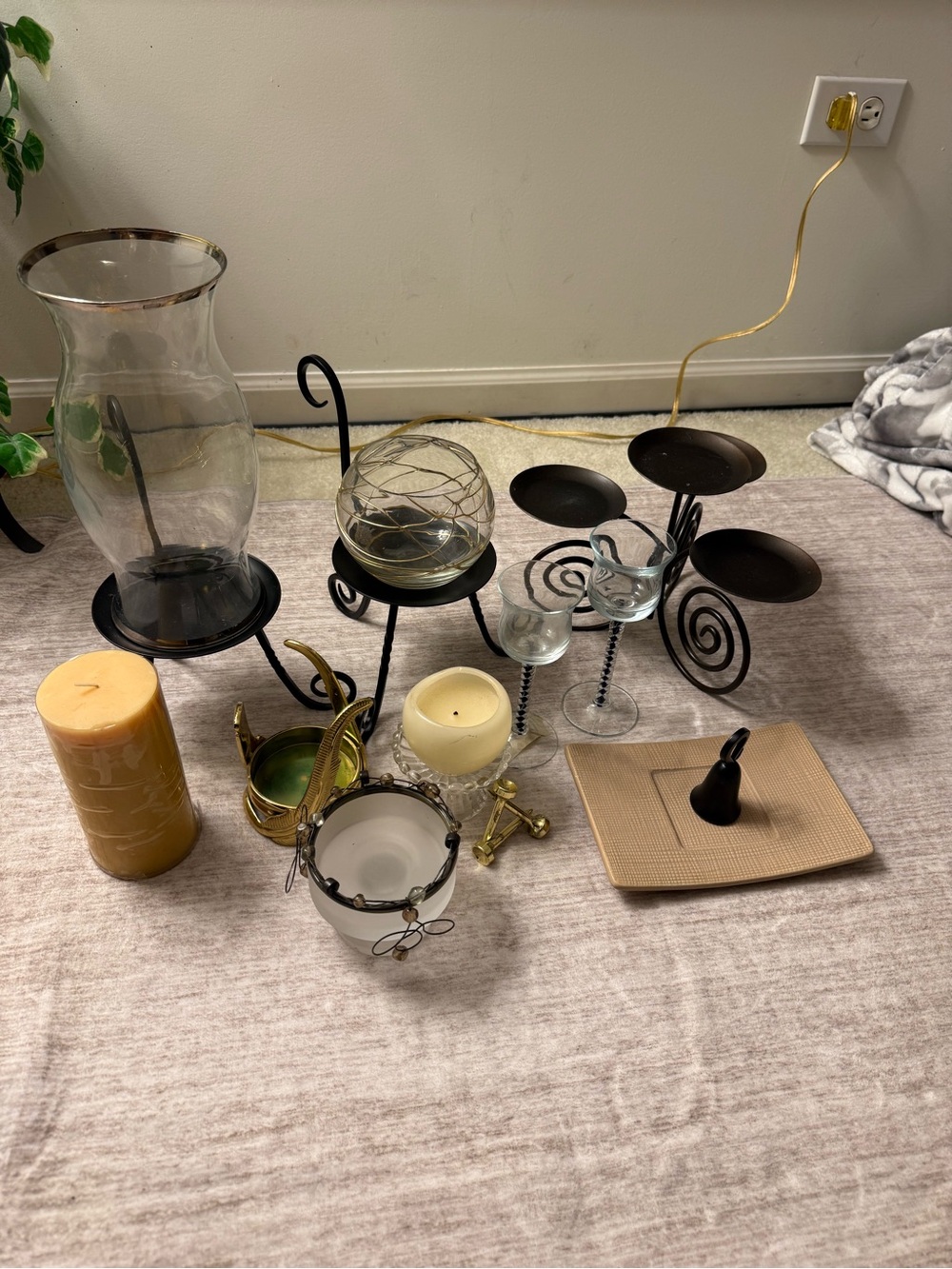 PartyLite Black Metal and Clear Glass Candle Holders with Gold and Cream Accents